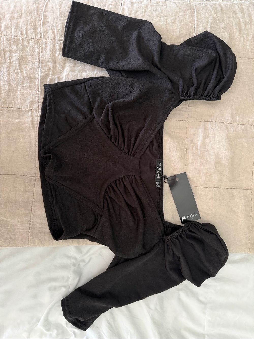 Nasty Gal Black Puff-Sleeve Crop Top with Ruched Front